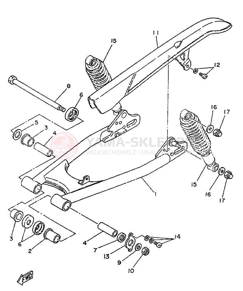 Schemat "wahacz, zawieszenie tył" do Yamaha SR250