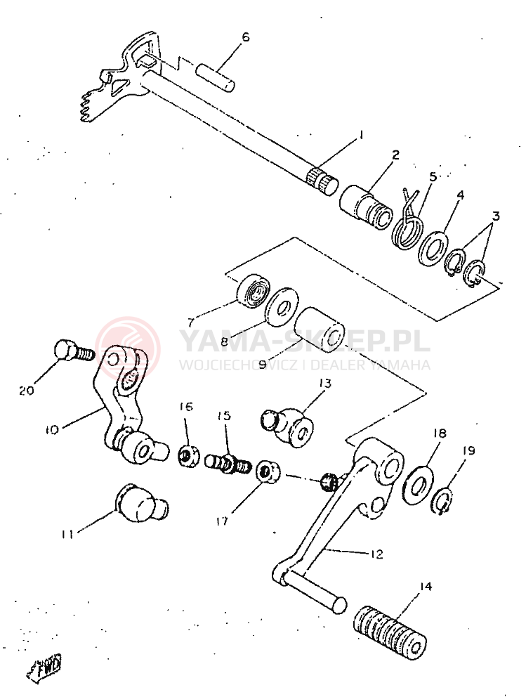 Schemat "Dźwignia zmiany biegów, wałek" do Yamaha SR250