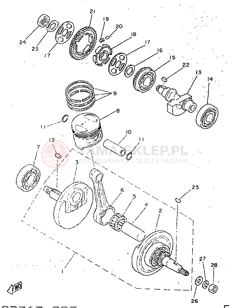 Schemat "Wał korbowy, tłok" do Yamaha SR250