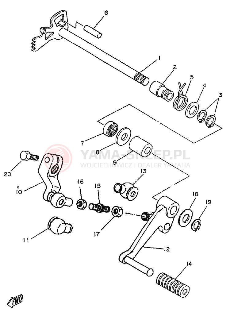 Schemat "Dźwignia zmiany biegów, wałek" do Yamaha SR250