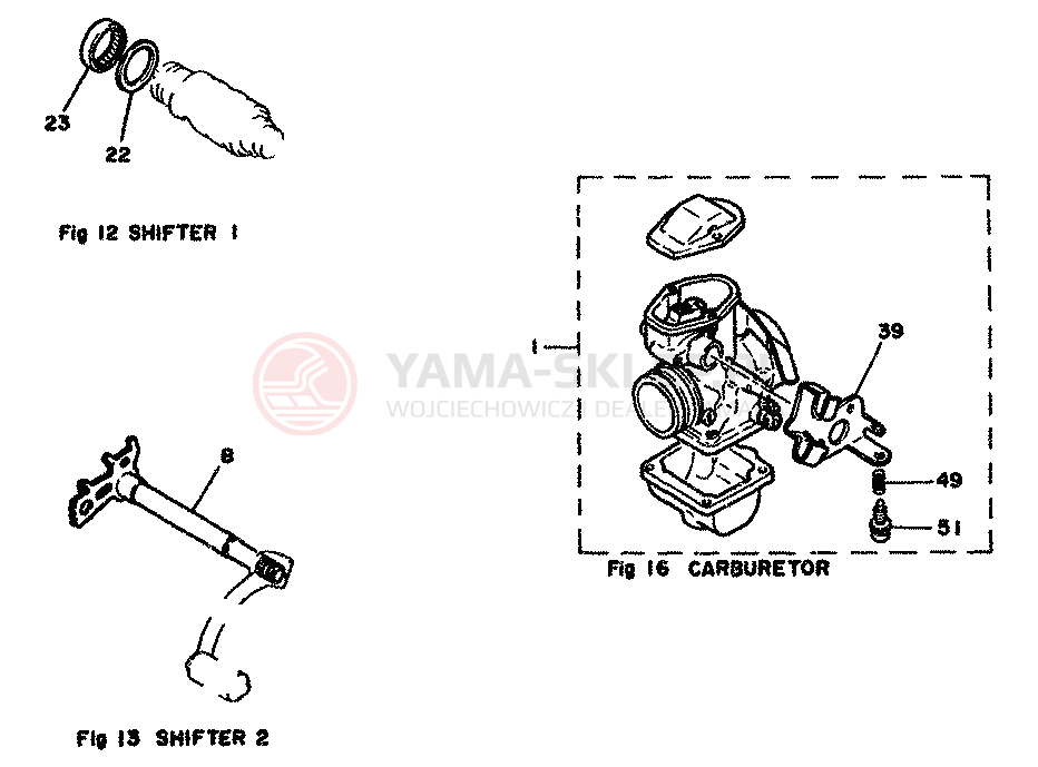 Schemat "DŹWIGNIA ZMIANY BIEGÓW 1 I 2, GAŹNIK" do Yamaha XT500