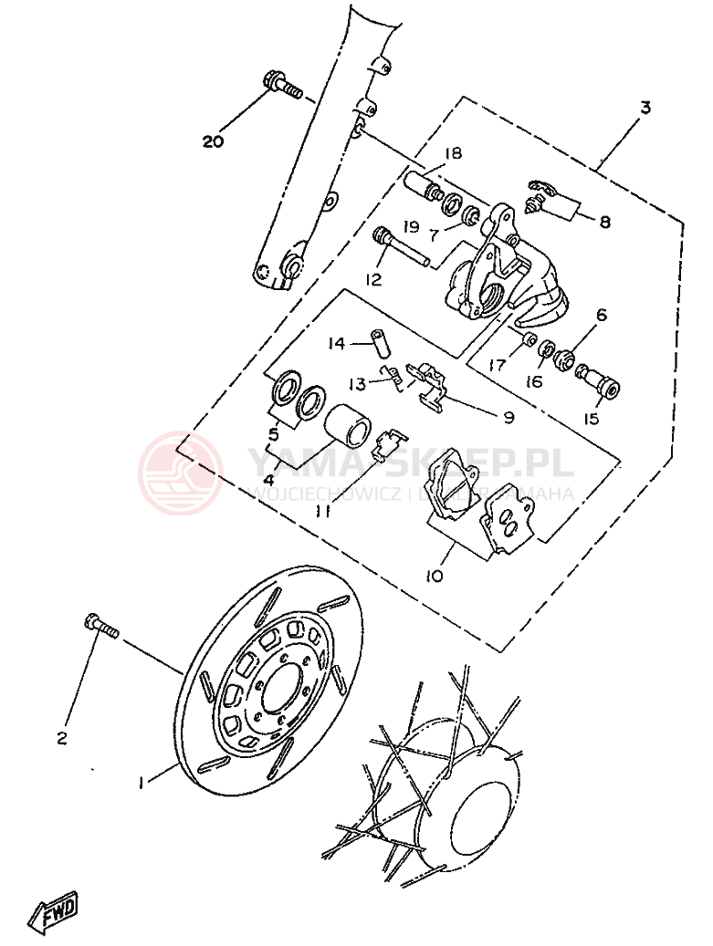Schemat "Zacisk hamulcowy + tarcza przód" do Yamaha SR250