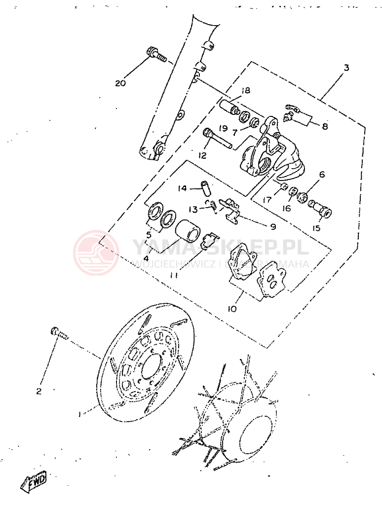 Schemat "Zacisk hamulcowy + tarcza przód" do Yamaha SR250