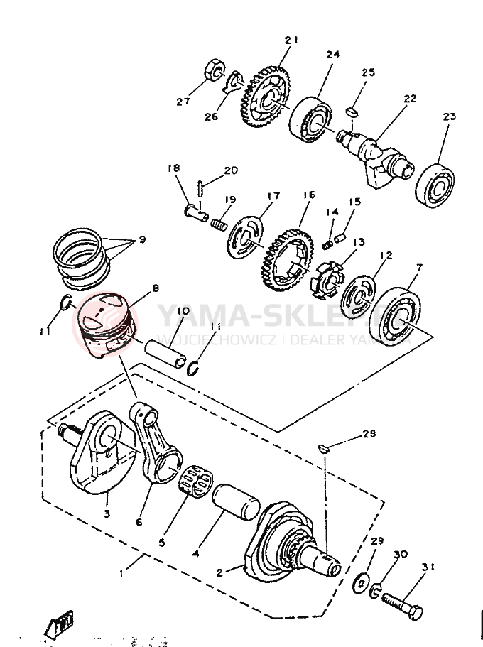 Schemat "Wał korbowy, tłok" do Yamaha SR125
