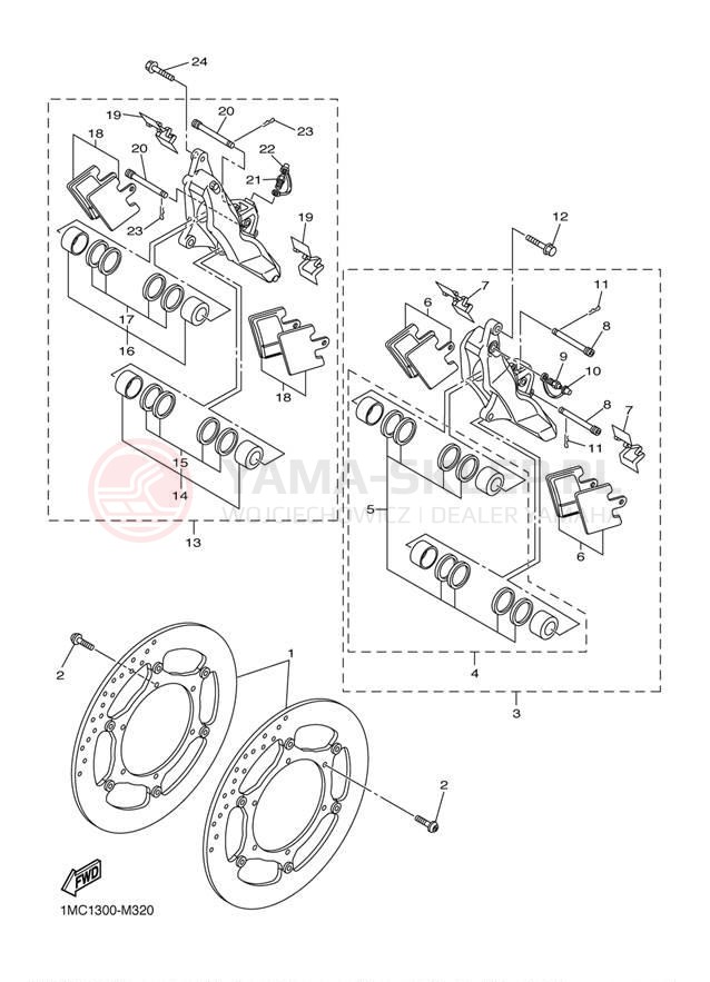 Schemat "Zacisk hamulcowy + tarcza przód" do Yamaha FJR1300E FJR13ESECR/FJR13ESER
