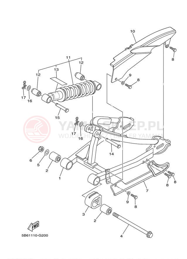 Schemat "wahacz, zawieszenie tył" do Yamaha TTR110E TTR110EE