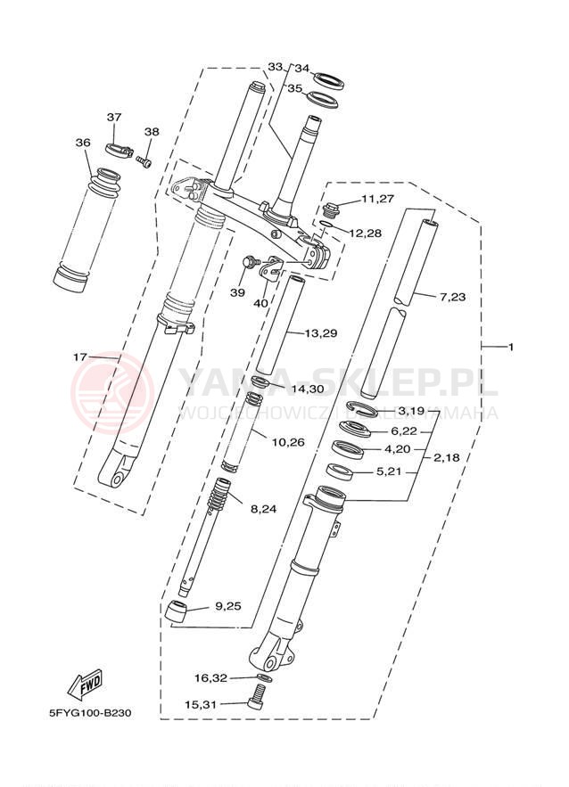 Schemat "Amortyzatory przód" do Yamaha TW200 TW200E1/TW200E1C