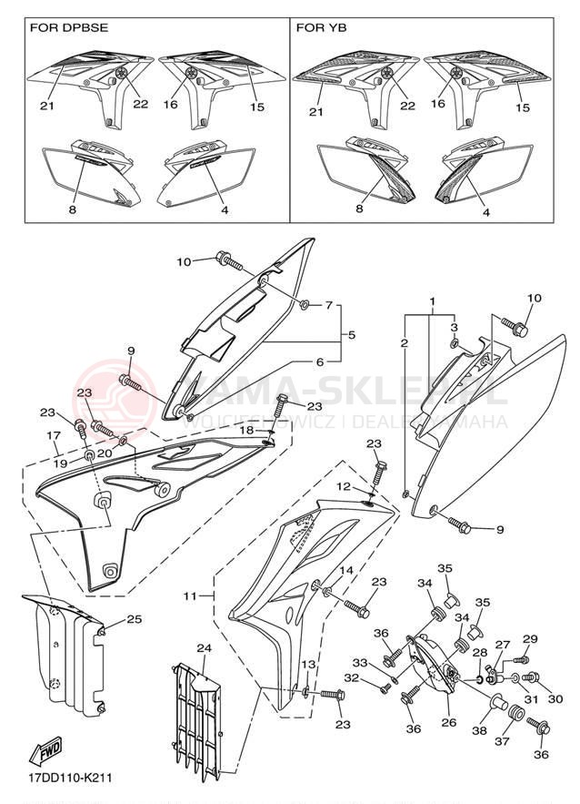 Schemat "Owiewki, pola numer., zb. oleju" do Yamaha YZ250F YZ250FAB/YZ250FAL
