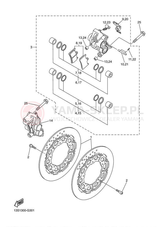 Schemat "Zacisk hamulcowy + tarcza przód" do Yamaha YZFR6 YZFR6ACR/YZFR6AR