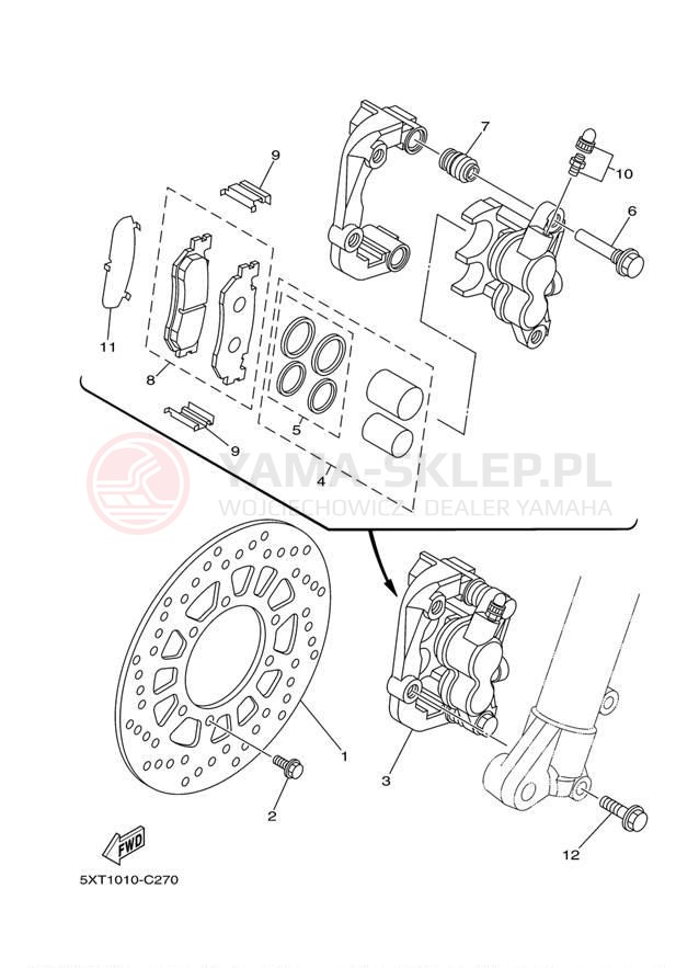 Schemat "Zacisk hamulcowy + tarcza przód" do Yamaha XT250 XT250BC/XT250B