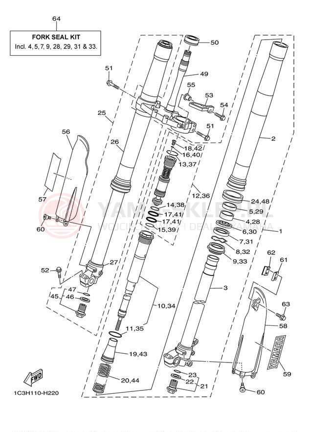 Schemat "Amortyzatory przód" do Yamaha YZ250 YZ250B2