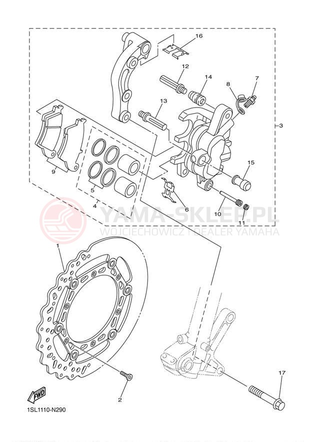 Schemat "Zacisk hamulcowy + tarcza przód" do Yamaha YZ250FE YZ250FEL/YZ250FEW