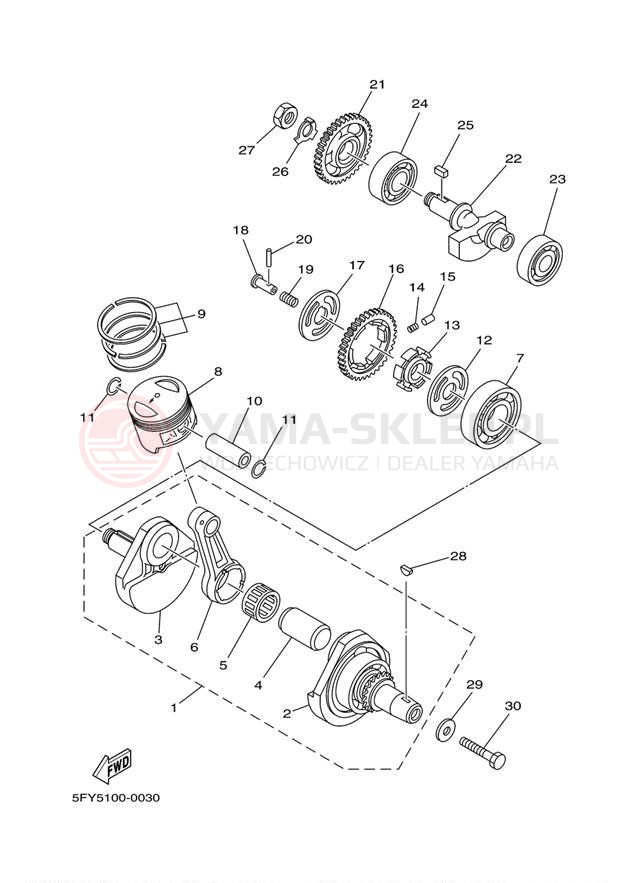 Schemat "Wał korbowy, tłok" do Yamaha TW200 TW200A1C/TW200A1