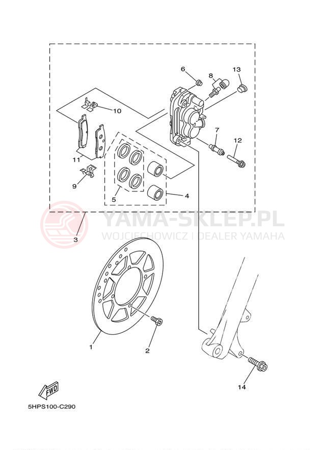 Schemat "Zacisk hamulcowy + tarcza przód" do Yamaha TTR125LE TTR125LEB