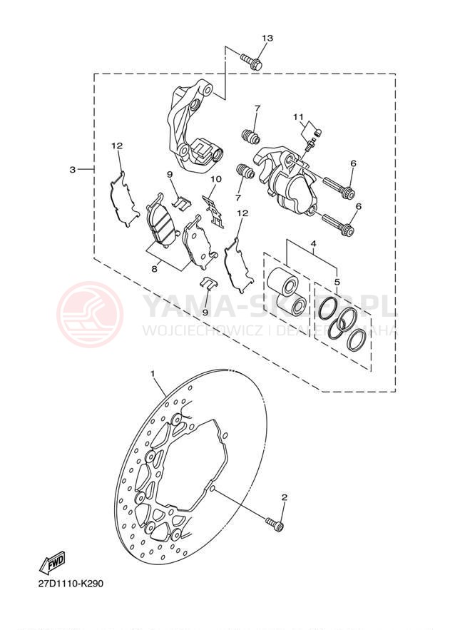Schemat "Zacisk hamulcowy + tarcza przód" do Yamaha STRYKER XVS13CBCB/XVS13CBB