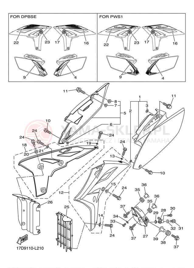 Schemat "Owiewki, pola numer., zb. oleju" do Yamaha YZ250FB YZ250FBW/YZ250FBL