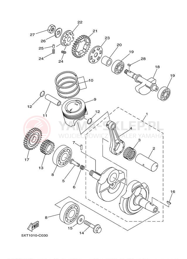 Schemat "Wał korbowy, tłok" do Yamaha XT250 XT250BC/XT250B