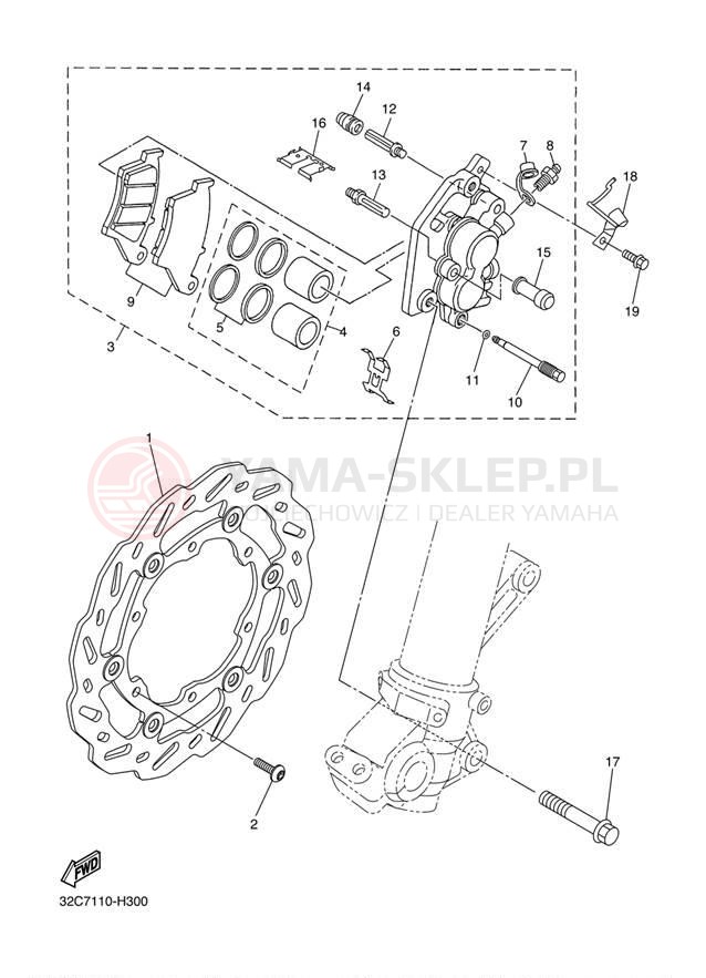 Schemat "Zacisk hamulcowy + tarcza przód" do Yamaha WR250R WR25RYCL/WR25RYL