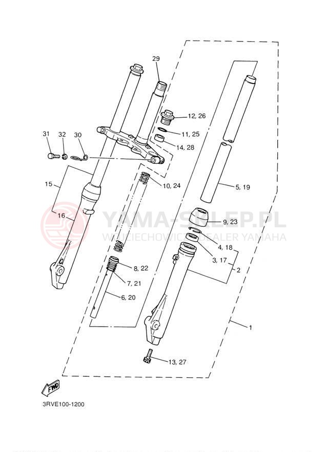 Schemat "Amortyzatory przód" do Yamaha PW80 PW80R