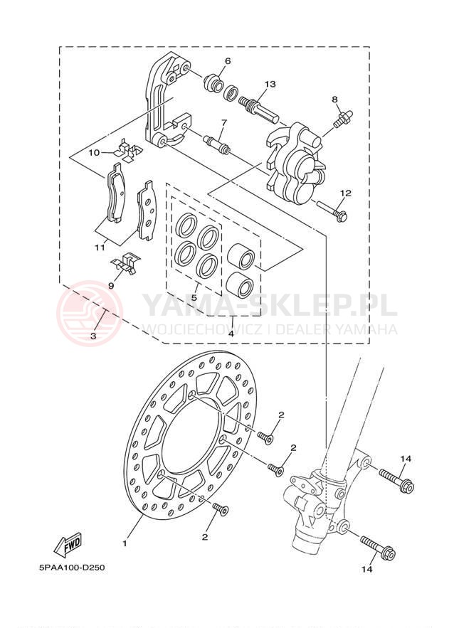 Schemat "Zacisk hamulcowy + tarcza przód" do Yamaha YZ85 YZ85D