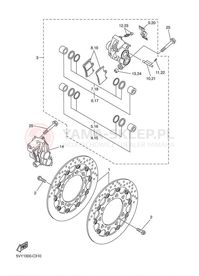 Schemat "Zacisk hamulcowy + tarcza przód" do Yamaha YZF-R1 YZFR1SC/YZFR1S