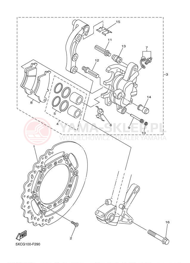 Schemat "Zacisk hamulcowy + tarcza przód" do Yamaha YZ250F YZ250FYW/YZ250FYL