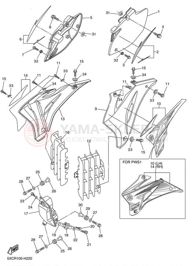 Schemat "Owiewki, pola numer., zb. oleju" do Yamaha YZ250F YZ250FYW/YZ250FYL