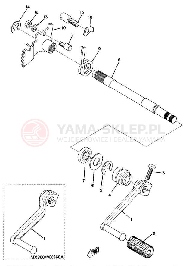 Schemat "Dźwignia zmiany biegów, wałek" do Yamaha MX360A/MX250A