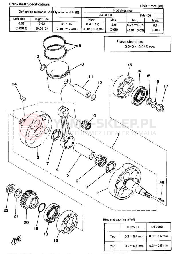 Schemat "Wał korbowy, tłok" do Yamaha DT400D/DT250D