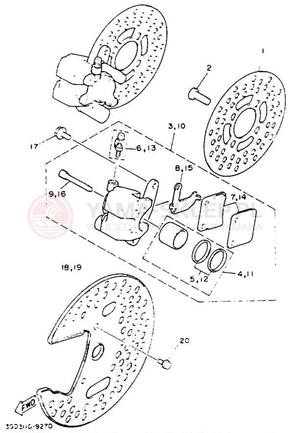 Schemat "Zacisk hamulcowy + tarcza przód" do Yamaha BANSHEE YFZ350E