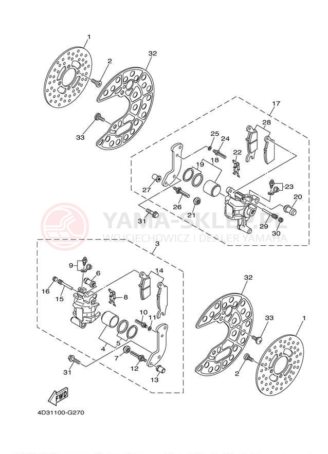 Schemat "Zacisk hamulcowy + tarcza przód" do Yamaha RAPTOR 250 YFM25RBL/YFM25RBW