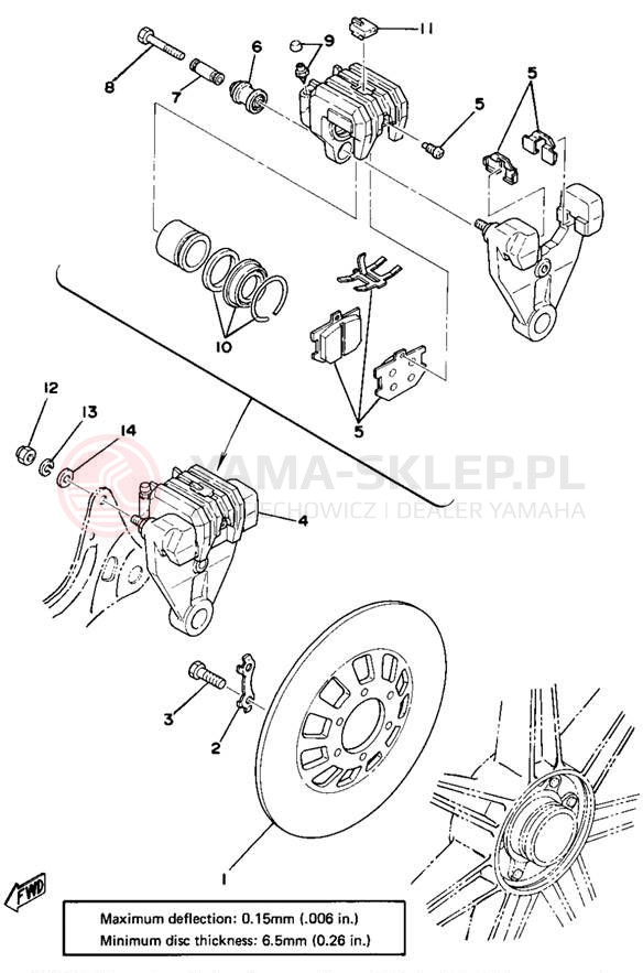 Schemat "Tarcza hamulcowa tył - zacisk hamulc." do Yamaha XS750E