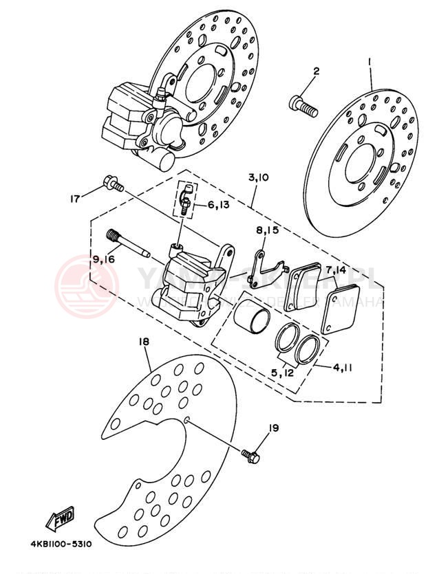 Schemat "Zacisk hamulcowy + tarcza przód" do Yamaha WOLVERINE YFM35FXK