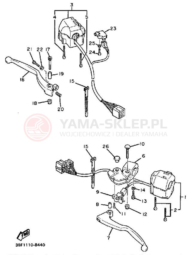 Schemat "Kierownica i osprzęt" do Yamaha FZR400SUC