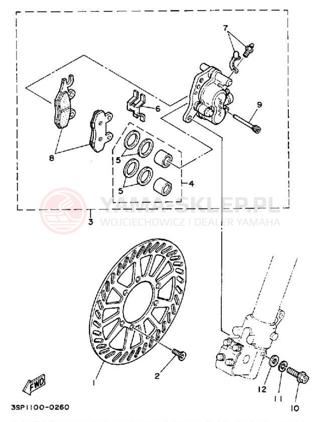 Schemat "Zacisk hamulcowy + tarcza przód" do Yamaha YZ125A