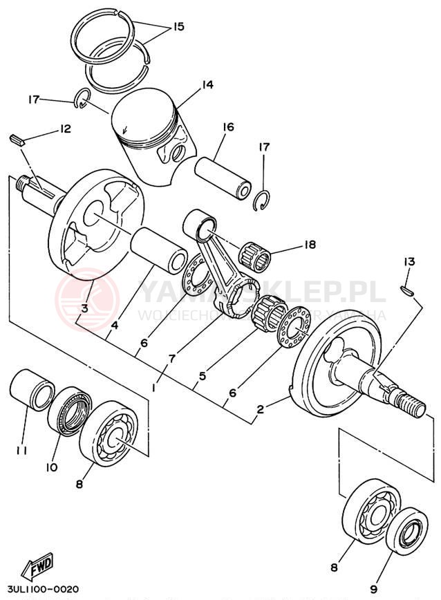 Schemat "Wał korbowy, tłok" do Yamaha RT100L