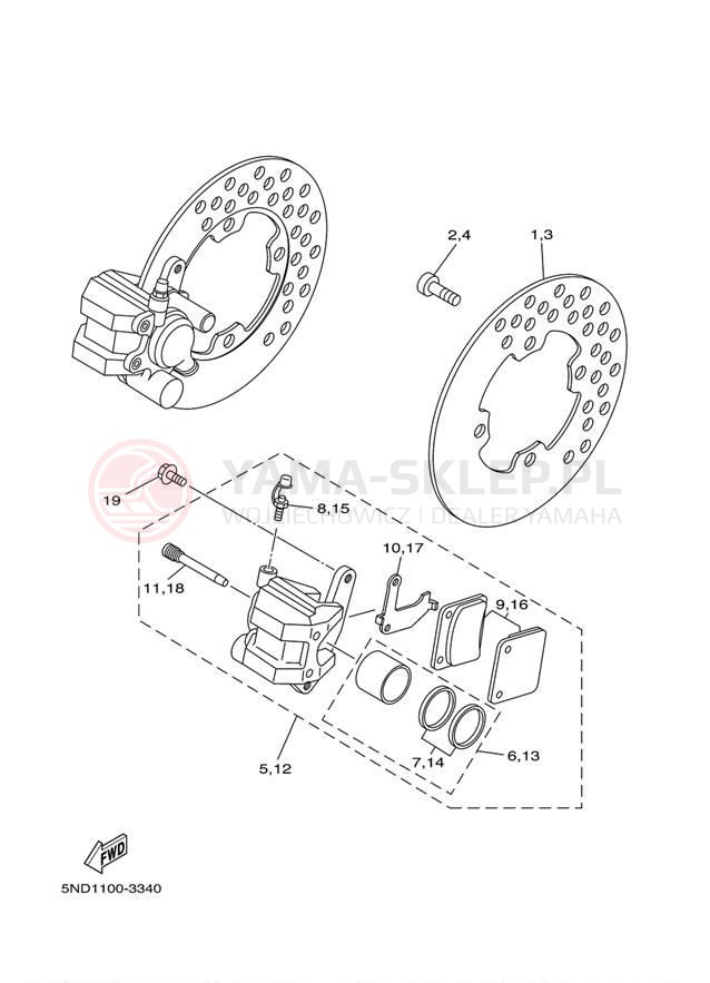 Schemat "Zacisk hamulcowy + tarcza przód" do Yamaha GRIZZLY 450 HUNTER YFM45FGHX
