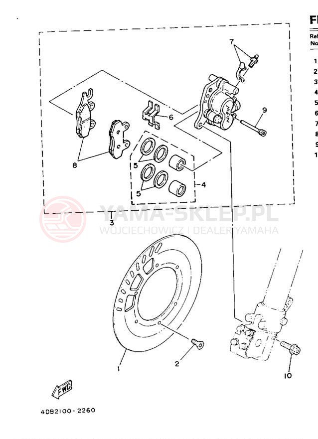 Schemat "Zacisk hamulcowy + tarcza przód" do Yamaha YZ250E