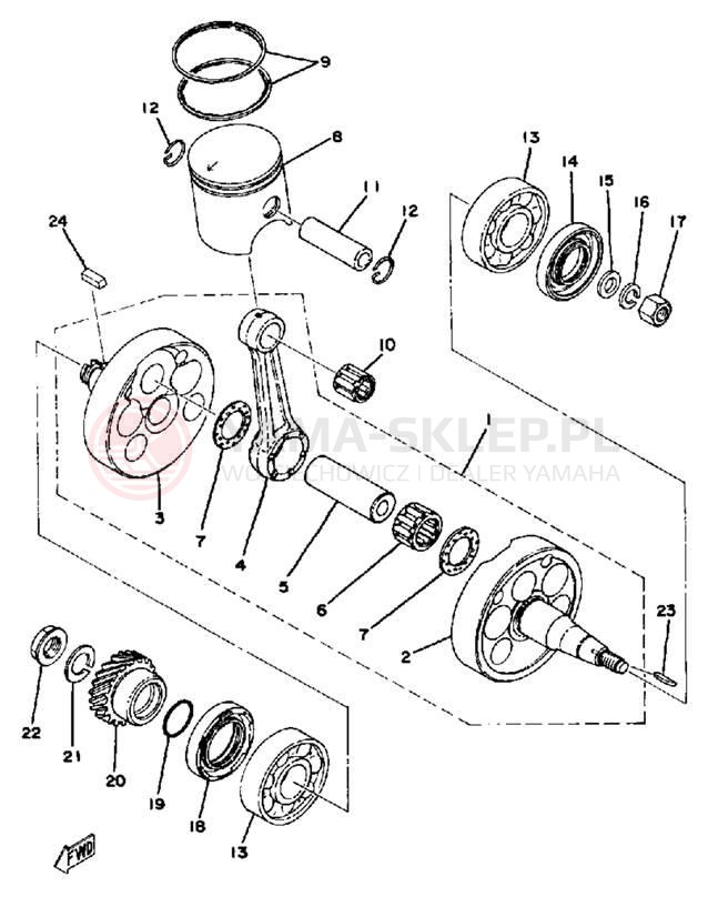 Schemat "Wał korbowy, tłok" do Yamaha DT250E/DT400E