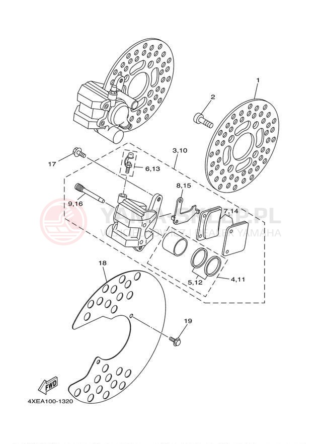 Schemat "Zacisk hamulcowy + tarcza przód" do Yamaha BRUIN 250 YFM250BT