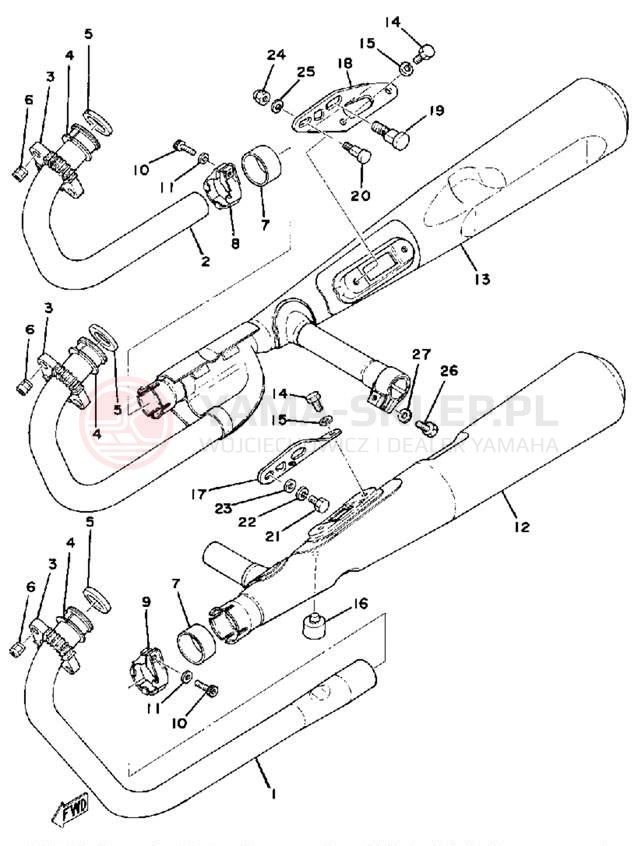 Schemat "Wydech końcowy" do Yamaha XS750-2D/XS750D