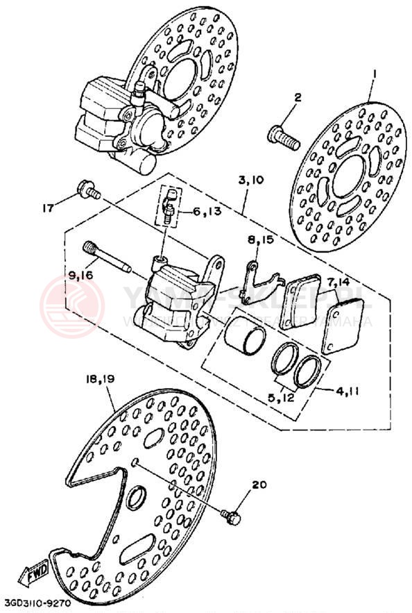 Schemat "Zacisk hamulcowy + tarcza przód" do Yamaha BANSHEE YFZ350B_MN
