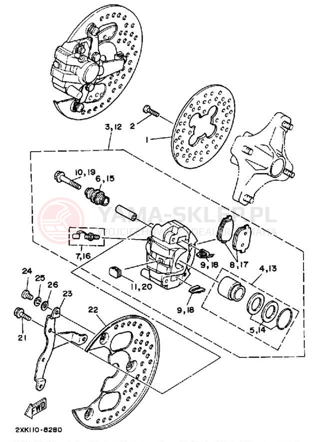 Schemat "Zacisk hamulcowy + tarcza przód" do Yamaha BANSHEE YFZ350U