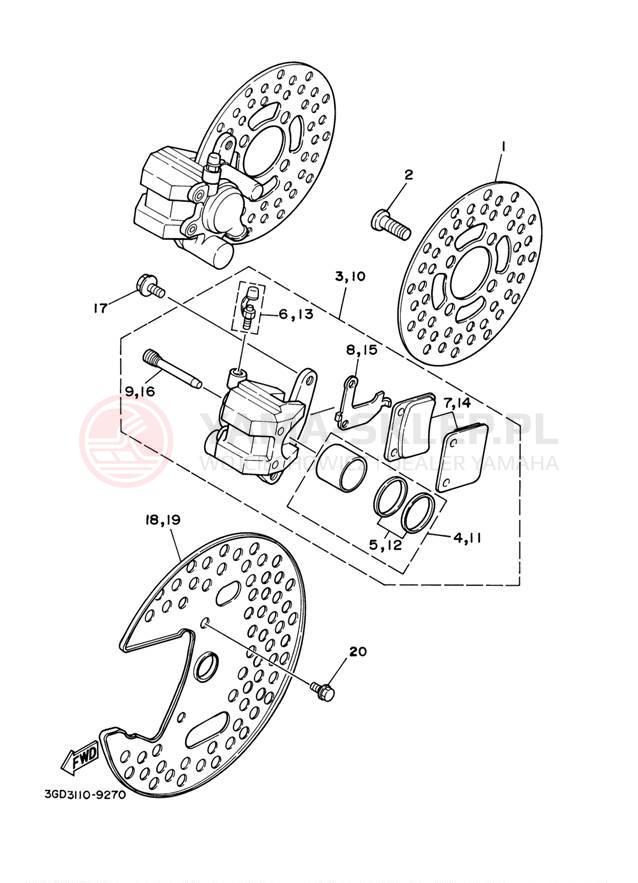 Schemat "Zacisk hamulcowy + tarcza przód" do Yamaha BANSHEE YFZ350S
