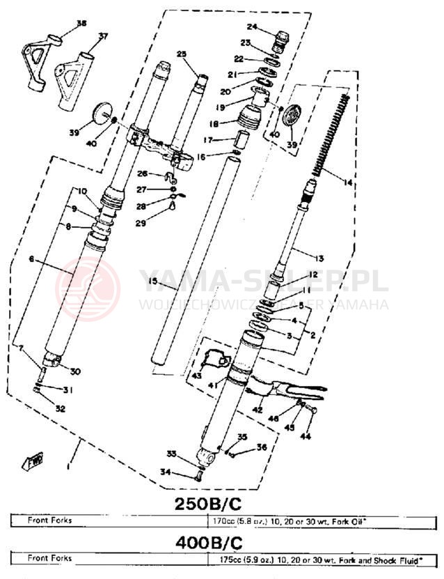 Schemat "Amortyzatory przód" do Yamaha DT250C/DT400C