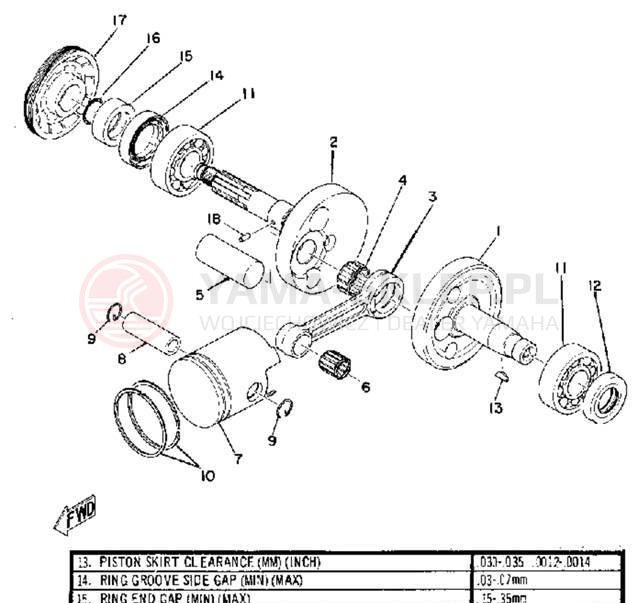 Schemat "Wał korbowy, tłok" do Yamaha U7E