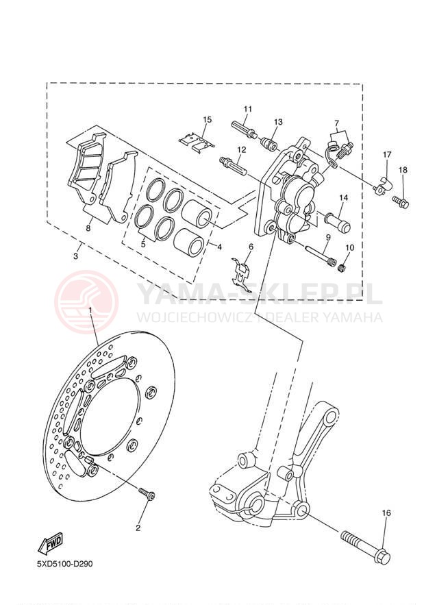 Schemat "Zacisk hamulcowy + tarcza przód" do Yamaha YZ450F YZ450FT