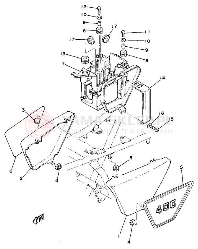 Schemat "pokrywa boczna - skrzynka akumulatora" do Yamaha XS400D