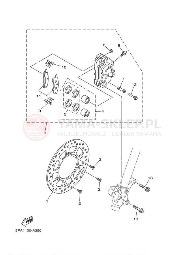 Schemat "Zacisk hamulcowy + tarcza przód" do Yamaha YZ85 YZ85R