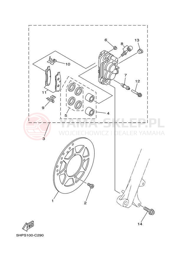 Schemat "Zacisk hamulcowy + tarcza przód" do Yamaha TT-R125E TTR125LES/TTR125ES